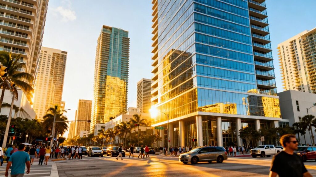 Florida cityscape with modern skyscrapers and bustling street.
