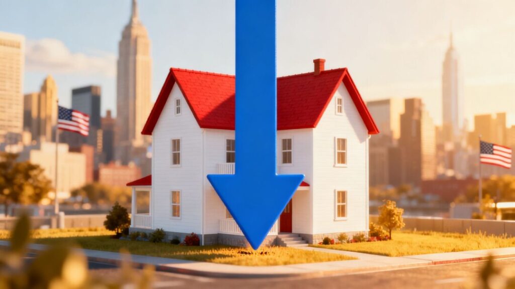 House with a downward arrow indicating falling mortgage rates.