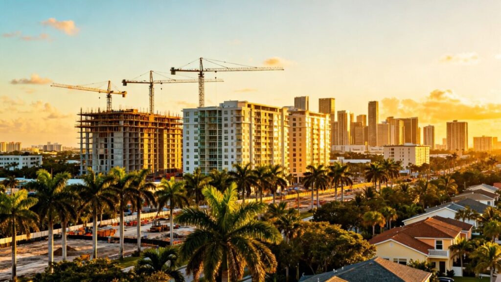 Miami-Dade housing developments under construction with palm trees.