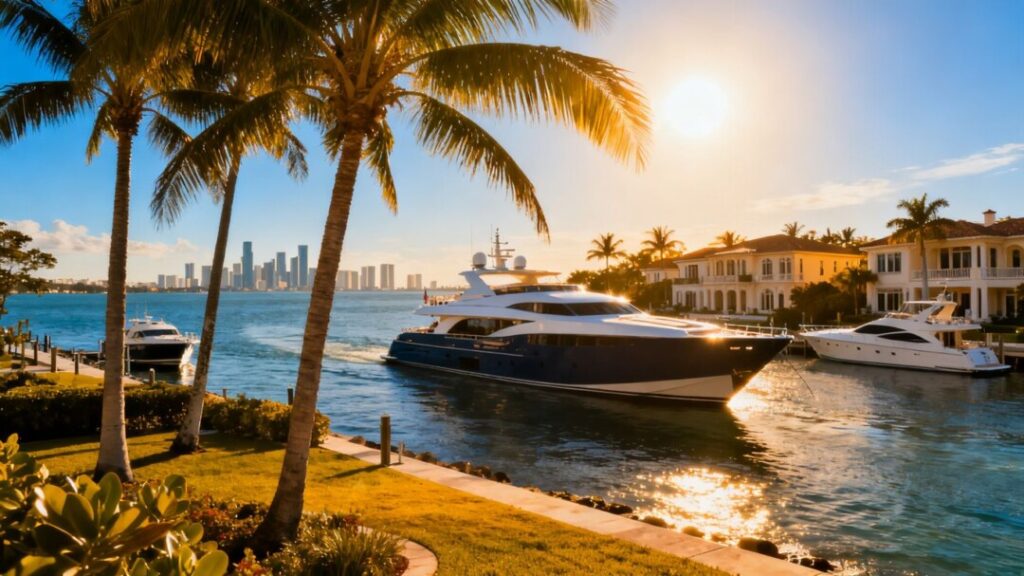 Florida coastline with luxury homes and yachts.