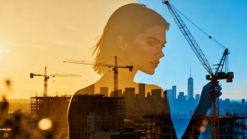 Kendall Jenner and construction cranes in a city skyline.