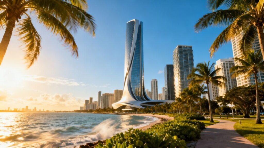 Florida skyline with modern buildings and palm trees.