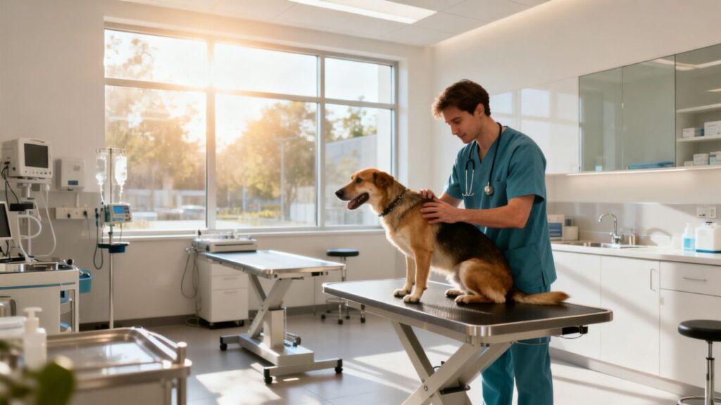Veterinarian examining a dog in a clinic.