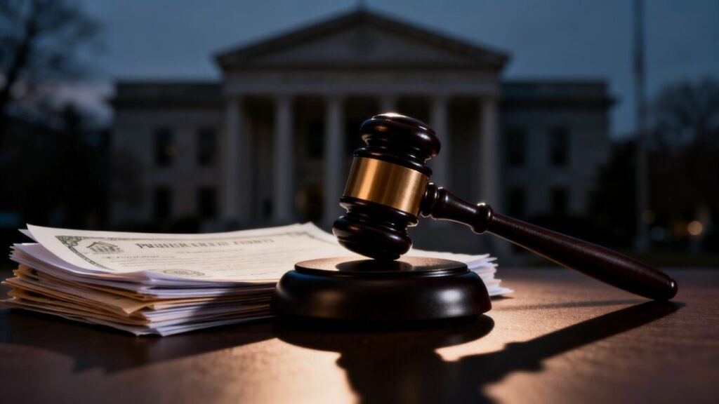 Gavel striking property deeds, courthouse background.