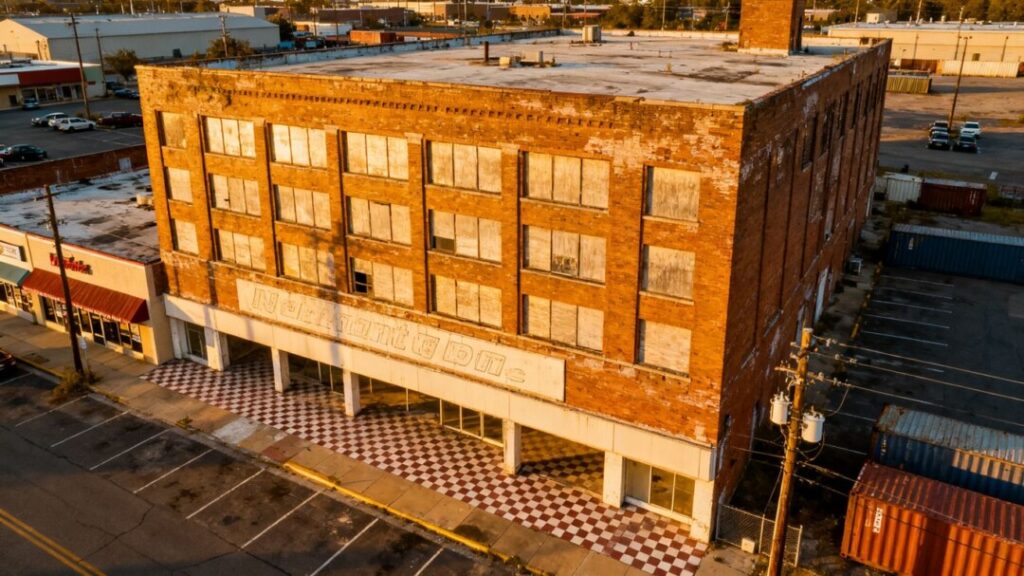 Former retail building converted to industrial use.