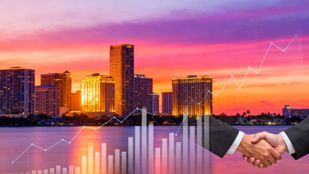 Florida skyline with financial graphics, symbolizing investment growth.