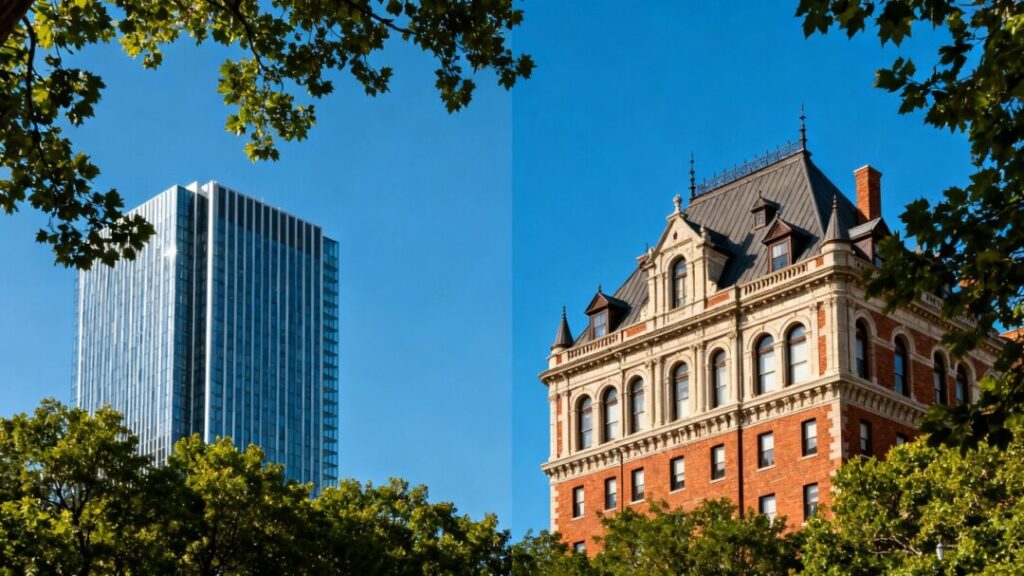 Modern skyscraper beside historic building with trees and sky.