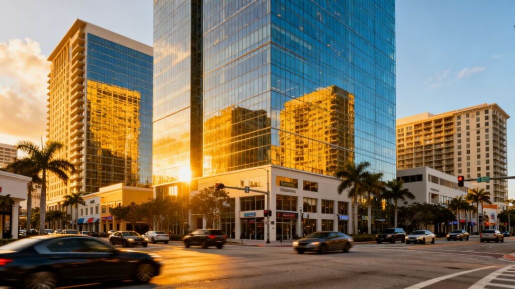 Broward County cityscape with modern buildings and busy streets.