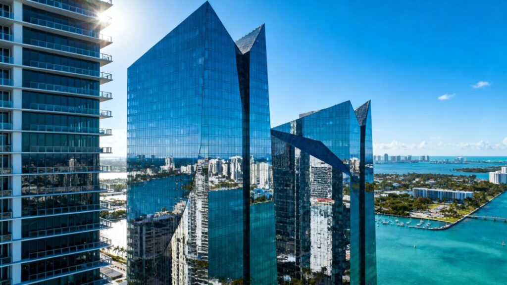 Modern glass skyscrapers on Miami waterfront.