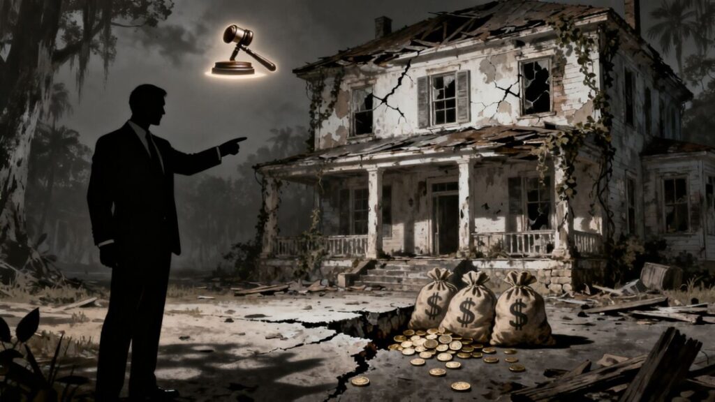 Florida real estate fraud, mansion, money bags, gavel.
