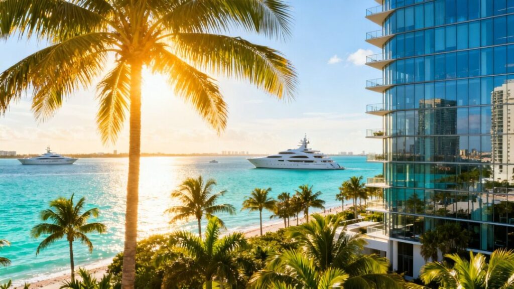 Florida coast with skyscrapers, palm trees, and yachts.