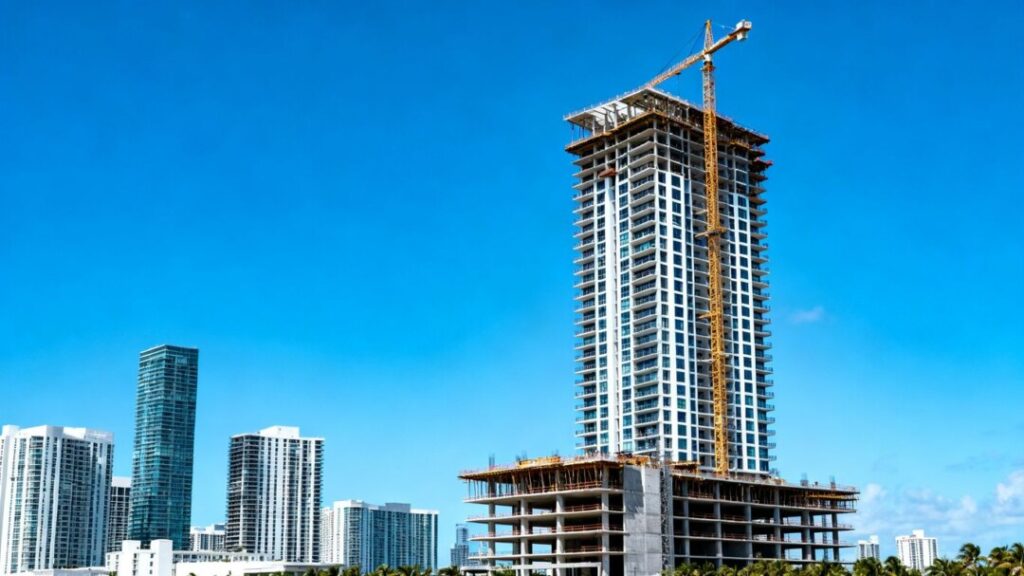 Miami condo tower construction with cranes and blue sky.