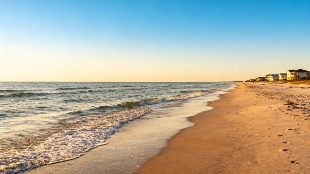 Florida coast with calm waves and houses.