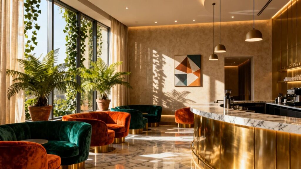 Interior of a stylish cafe with modern decor and seating.