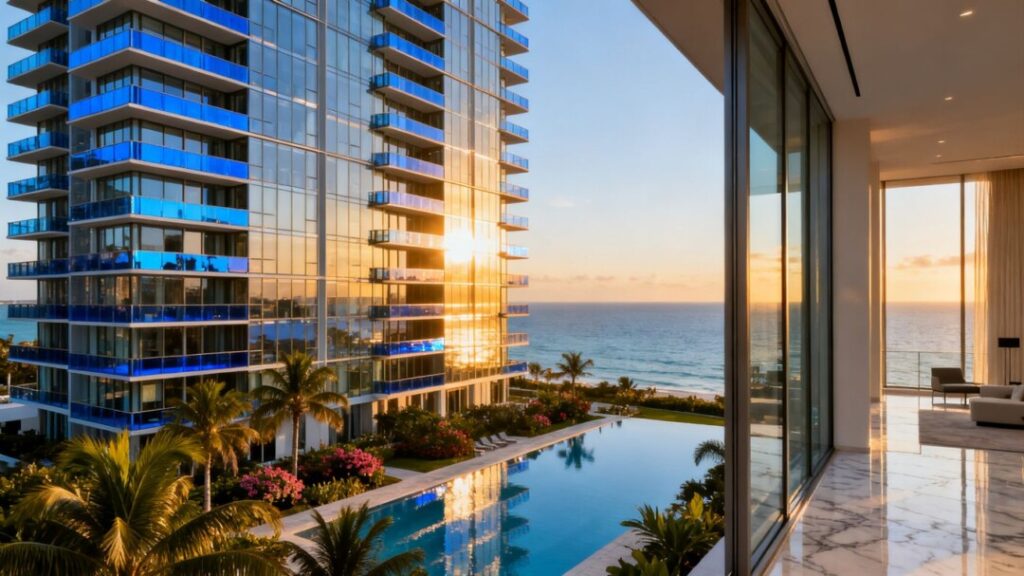 Luxury Aventura condo tower with ocean views and pool.