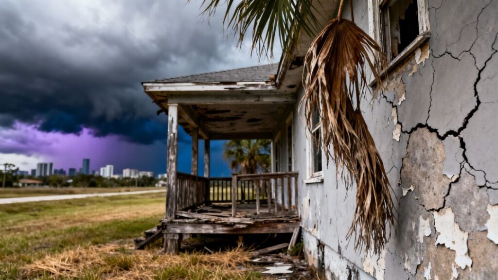Florida home with storm clouds, symbolizing insurance crisis.