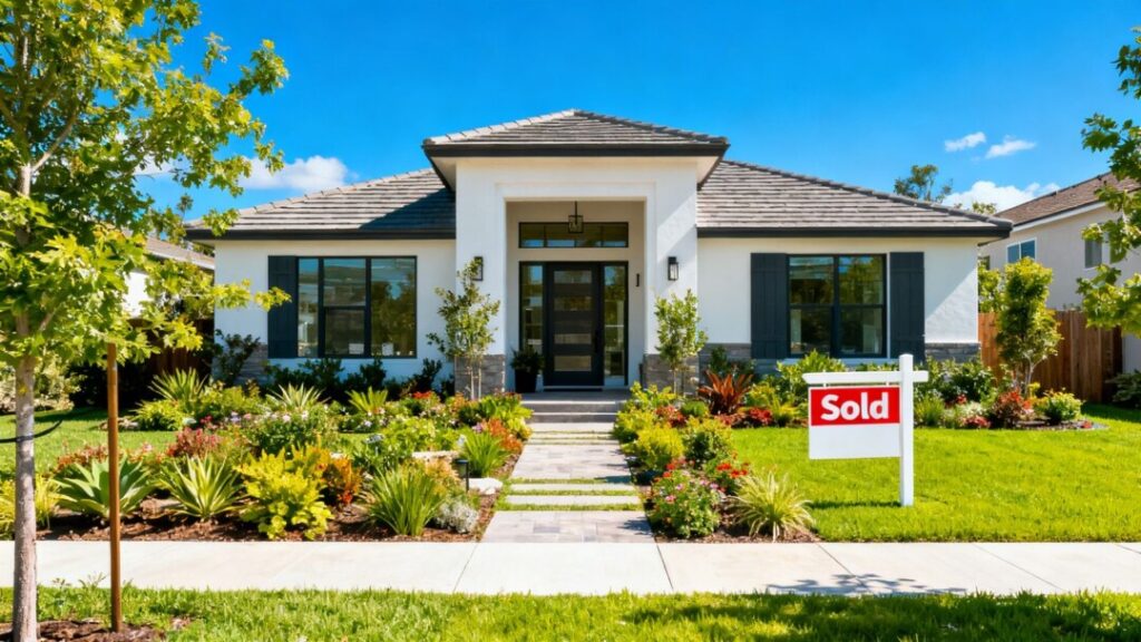 Modern house with 'Sold' sign, sunny day.