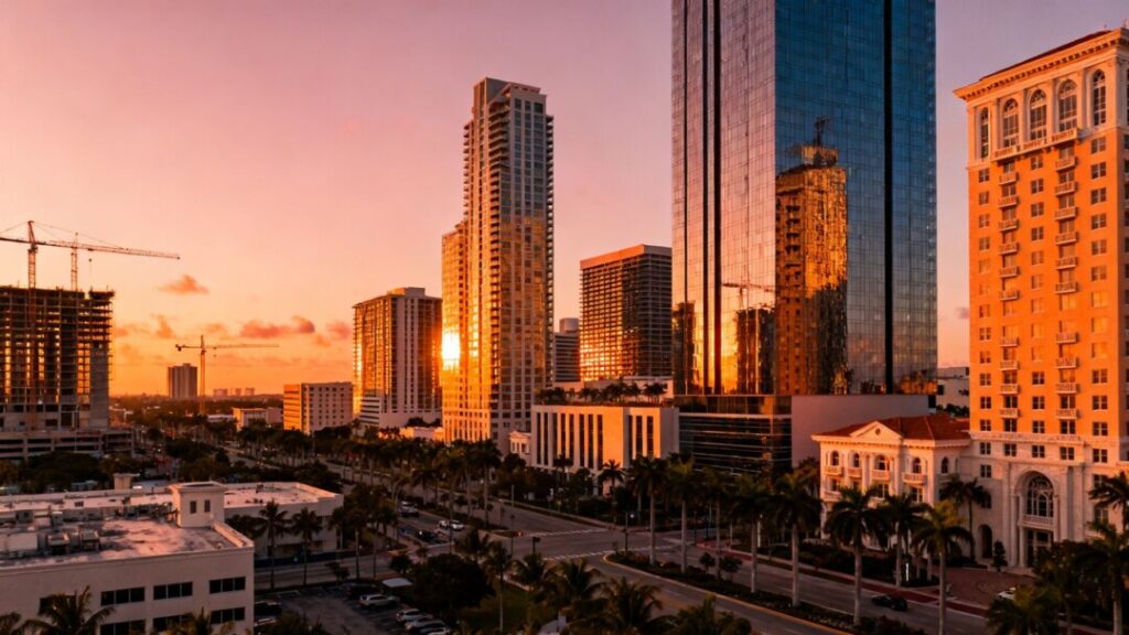 West Palm Beach skyline with new construction and luxury buildings.