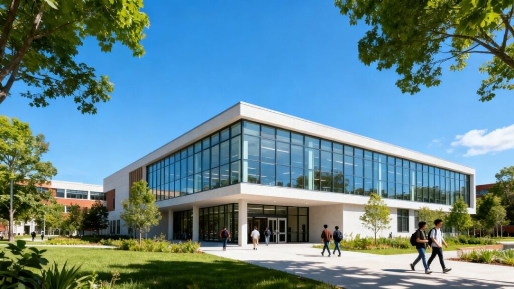 Bronx STEAM Center building exterior with people and greenery.
