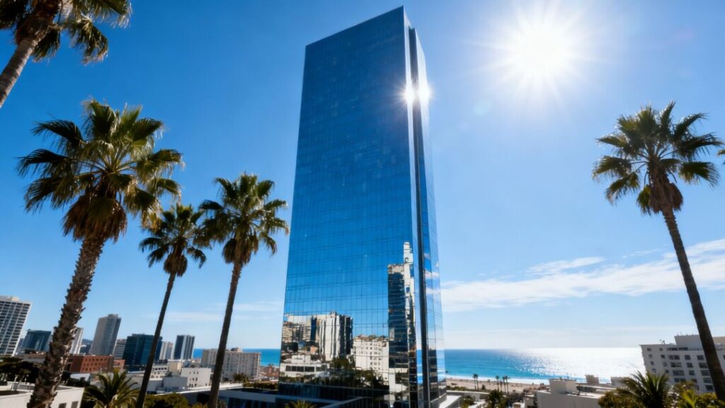 Skyscraper in South Florida with palm trees and ocean view.