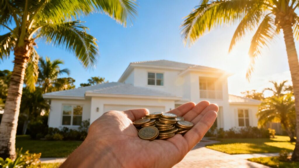 Florida home with coins, symbolizing tax relief and housing support.