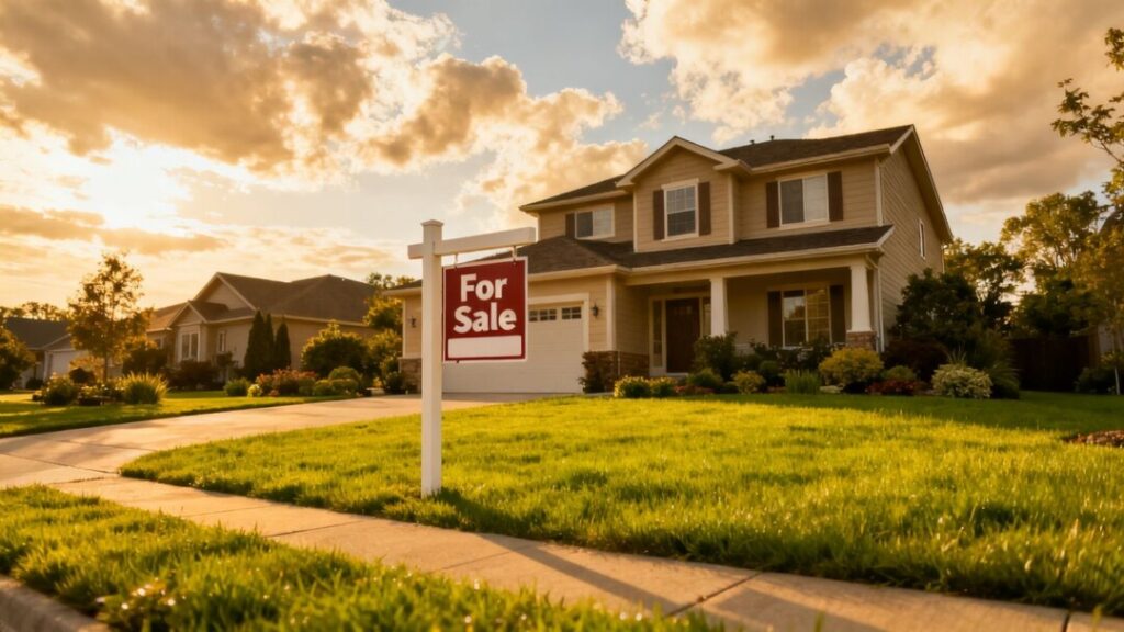 US home with a 'For Sale' sign.