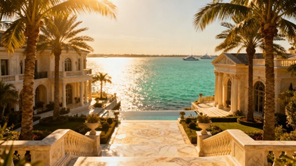 Luxury Florida mansion with waterfront view and palm trees.