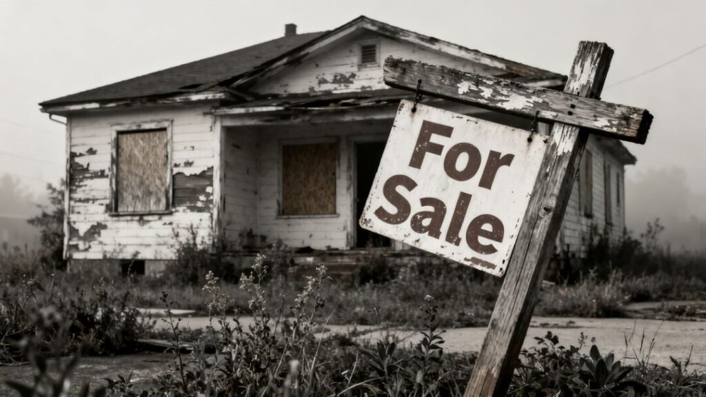 Dilapidated house with a 'For Sale' sign.