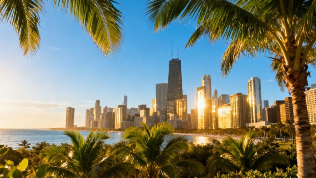 Miami skyline with palm trees and ocean.