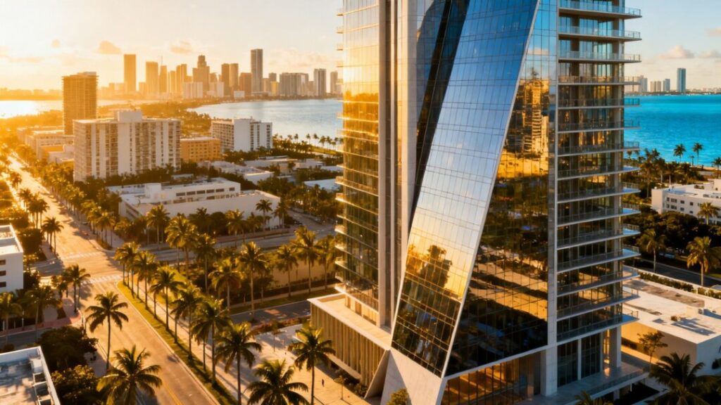Miami skyscraper design with palm trees and water.