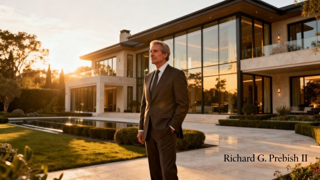 Richard G. Prebish II in front of a luxury mansion.