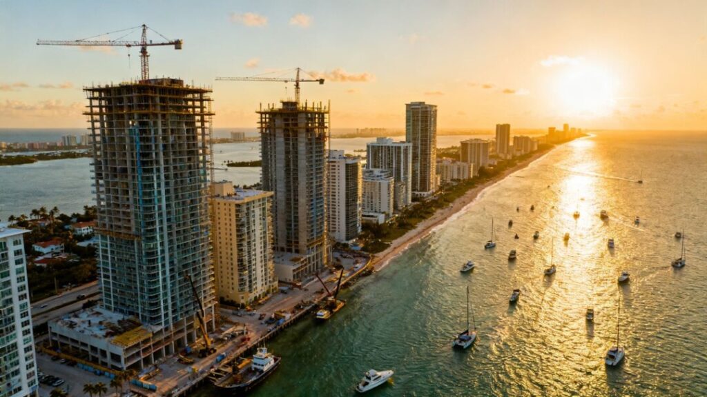 Florida coast with new buildings and ocean activity.