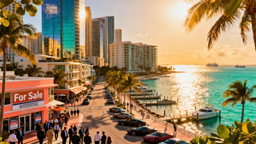 South Florida skyline with luxury buildings and ocean views.