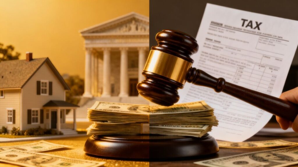 Gavel hitting money near courthouse and house with tax document.