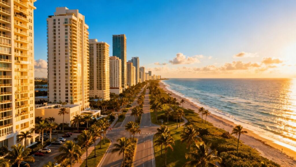 South Florida coastline with luxury buildings and palm trees.