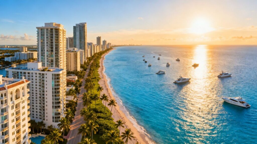 South Florida coastline with luxury buildings and ocean.