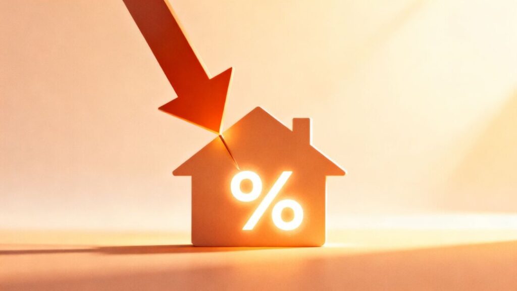 Mortgage rates falling, house with downward arrow.