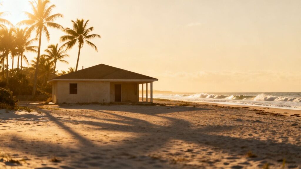 Florida coast with an empty house and palm trees.