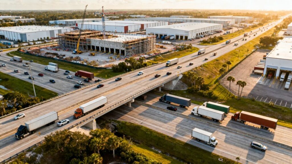 Florida highway interchange with industrial warehouses and distribution centers.