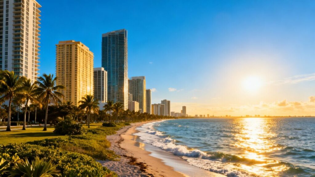 Florida coast with skyscrapers and palm trees.