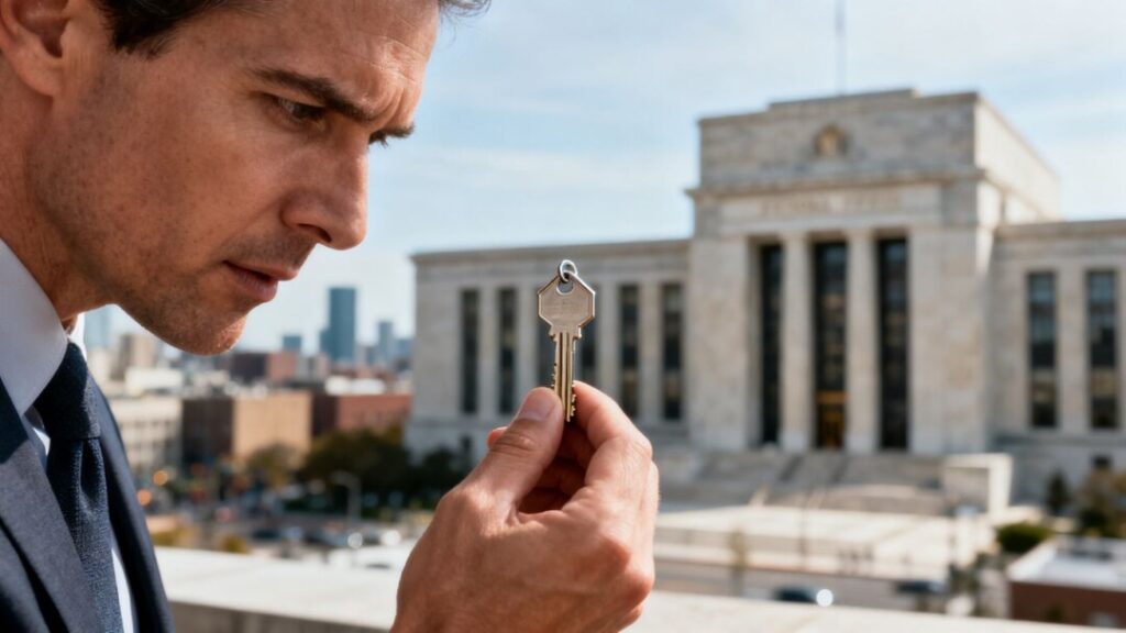 Homebuyer with house key, Federal Reserve building in background.