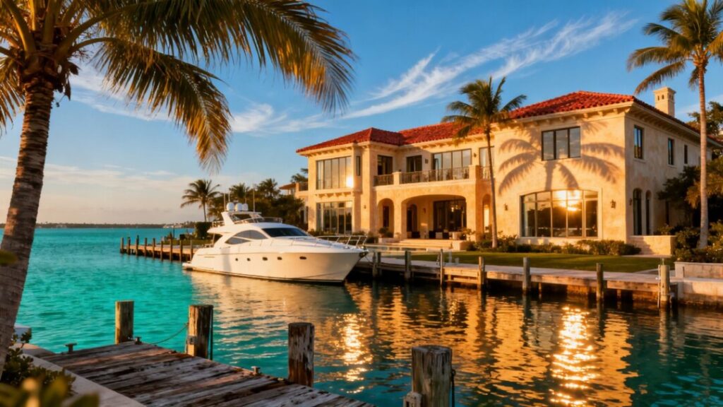 Luxury South Florida mansion with ocean view and yacht.