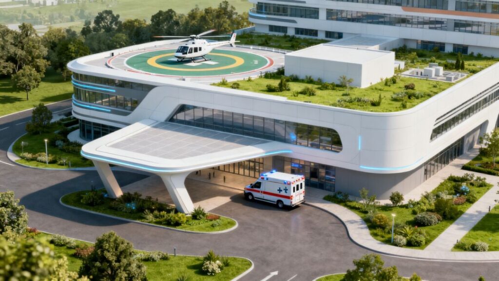 Modern hospital building with helipad and ambulance.