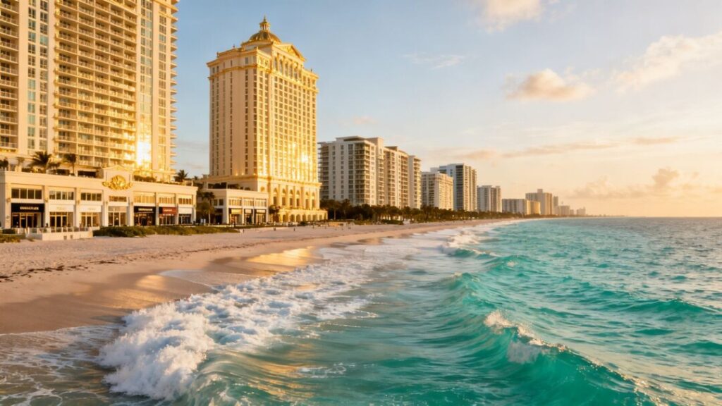 Florida luxury hotel, condo, and retail buildings on a sunny coast.