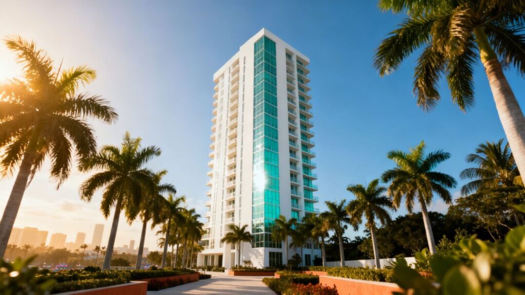 Luxury Coral Gables condo development with palm trees.