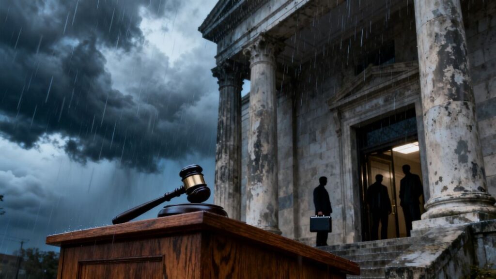 Courthouse with stormy sky and silhouetted figures.
