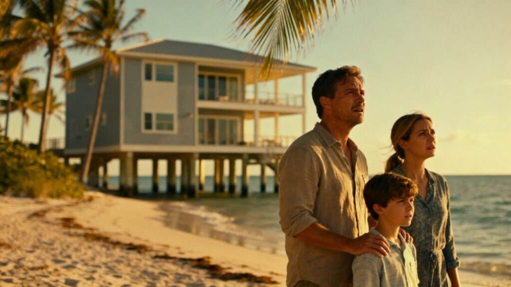 Florida home with ocean view, family looking concerned.