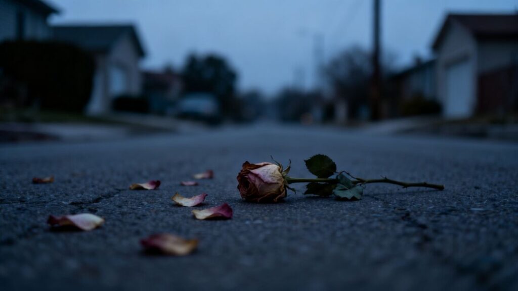 A single wilting rose on pavement, symbolizing loss.