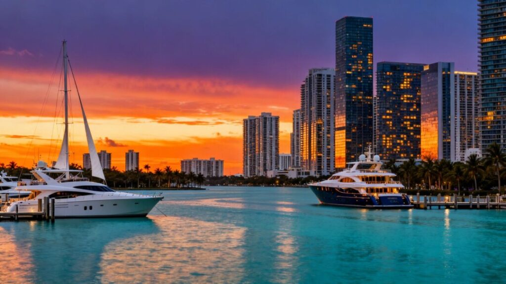 Miami skyline and bay with luxury yachts.