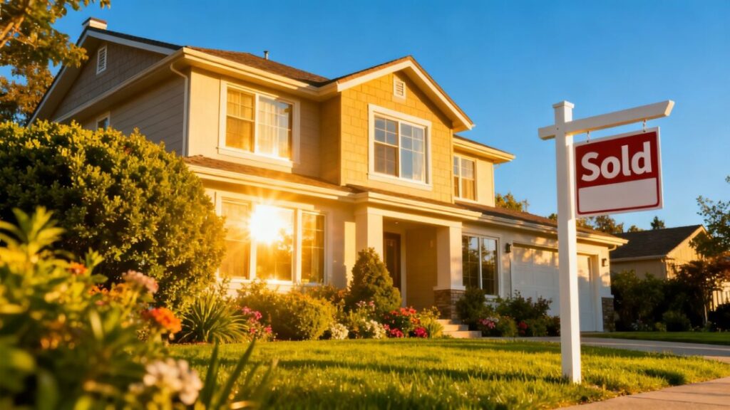 House with sold sign, sunny day, green lawn.